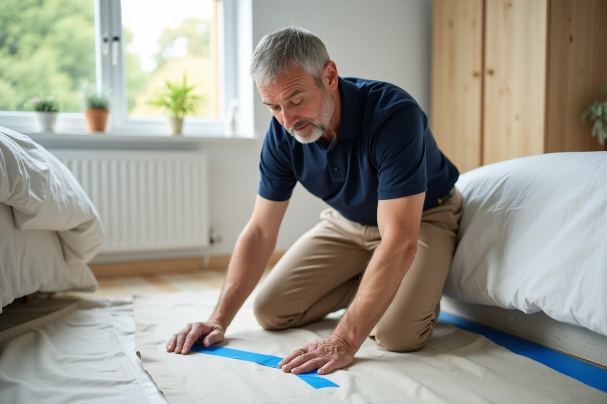 Homme décorant sa chambre avec du ruban de peintre