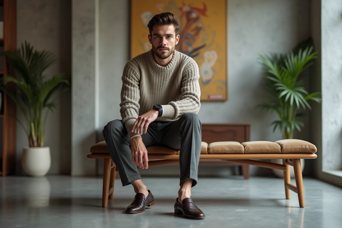 Homme élégant ajustant sa montre dans un intérieur moderne