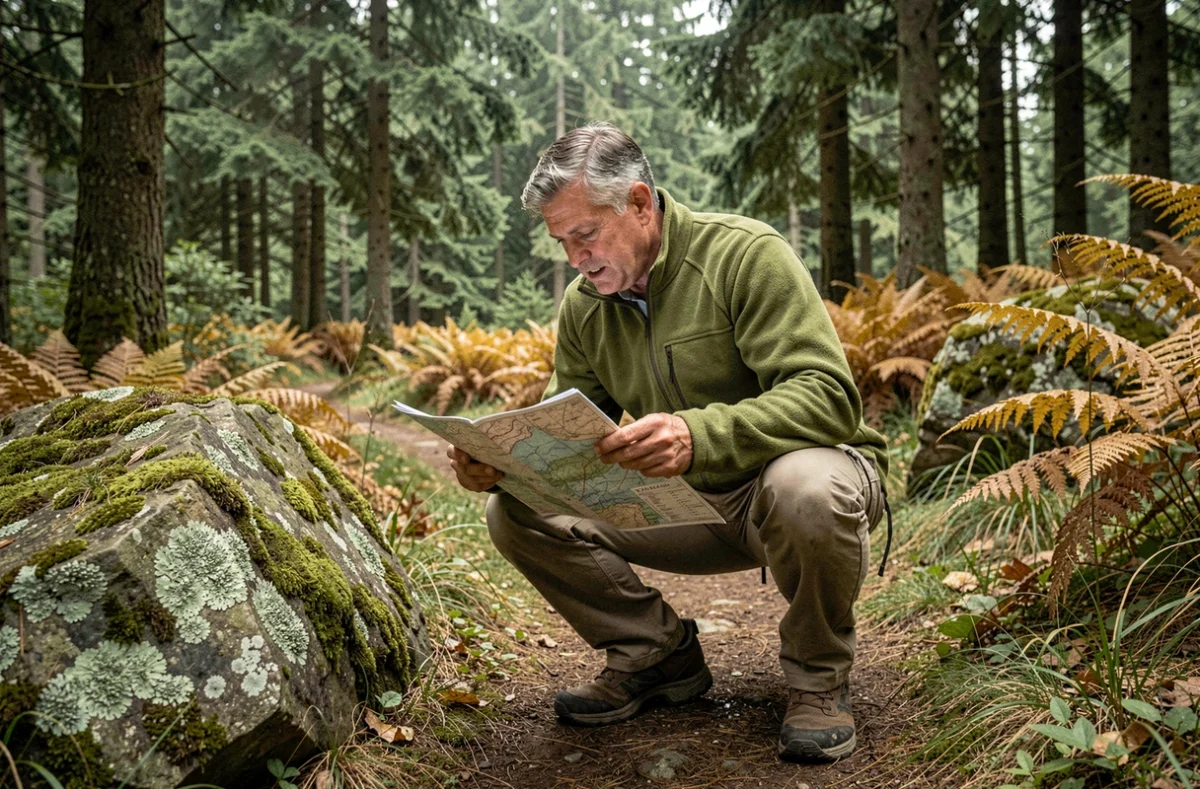 Homme en randonnée pédestre consultant une carte topographique sur un sentier forestier entouré de sapins