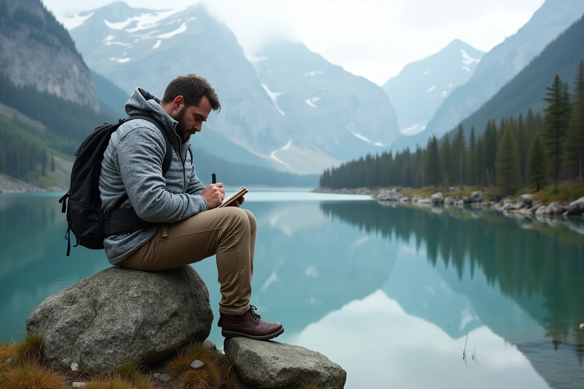 Homme en randonnée près d’un lac de montagne
