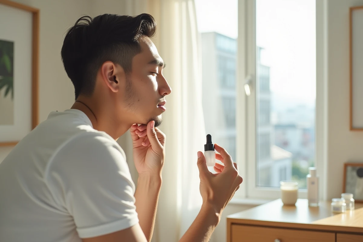 Jeune homme appliquant un serum visage près d