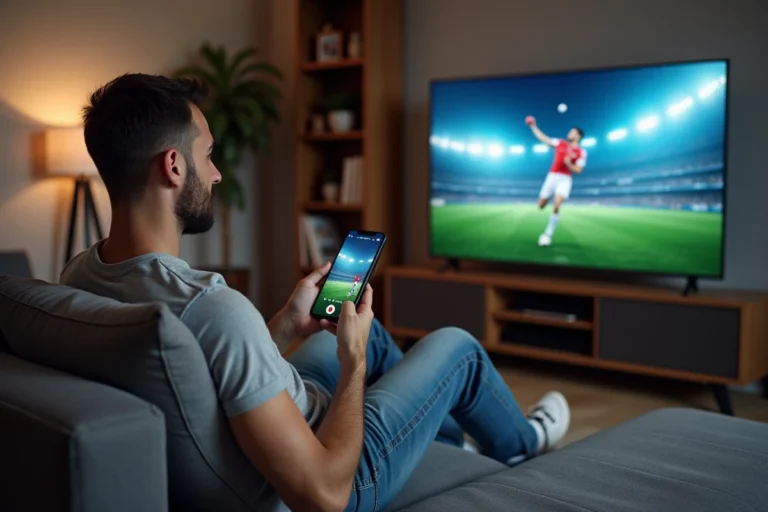 Jeune homme regardant un match à la télévision avec son smartphone