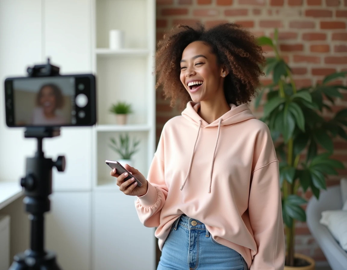 Jeune influenceuse filmant une vidéo pour les réseaux sociaux dans son appartement studio créatif