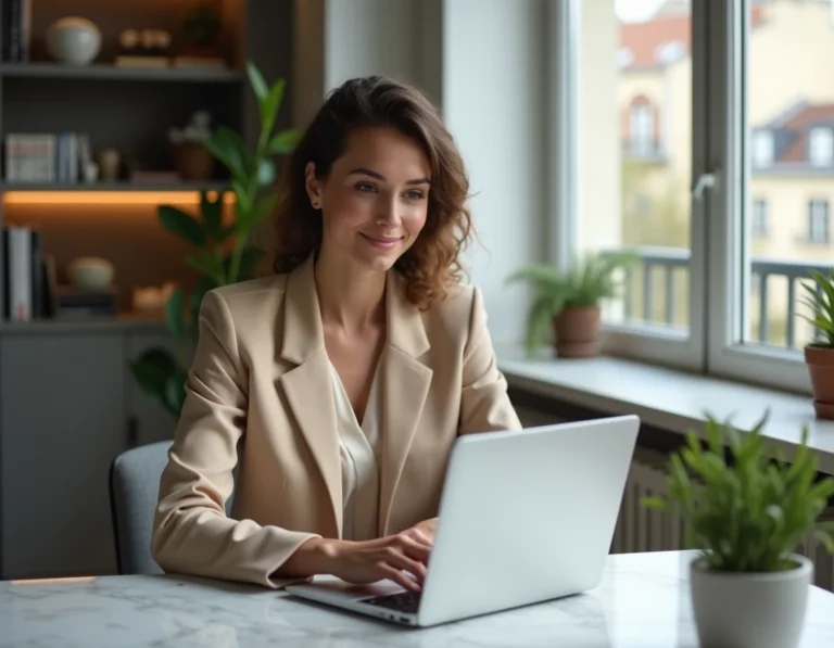 Influenceuse française assise à son bureau parisien analysant ses statistiques sur un ordinateur portable