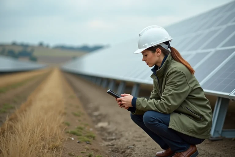 Ingénieure environnementale inspectant des panneaux solaires dans un champ, illustration du développement durable et des énergies renouvelables