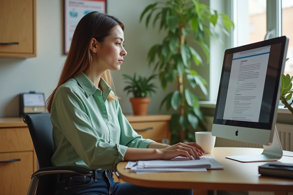 Jeune enseignante lisant un email sur la messagerie académique Webcsat 58 dans un bureau administratif scolaire de la Nièvre