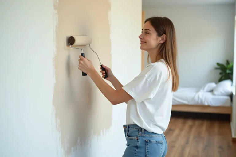 Jeune femme peignant un mur de chambre moderne
