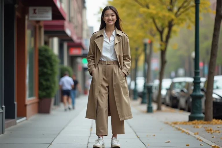 Jeune femme en trench et pantalon large dans la ville