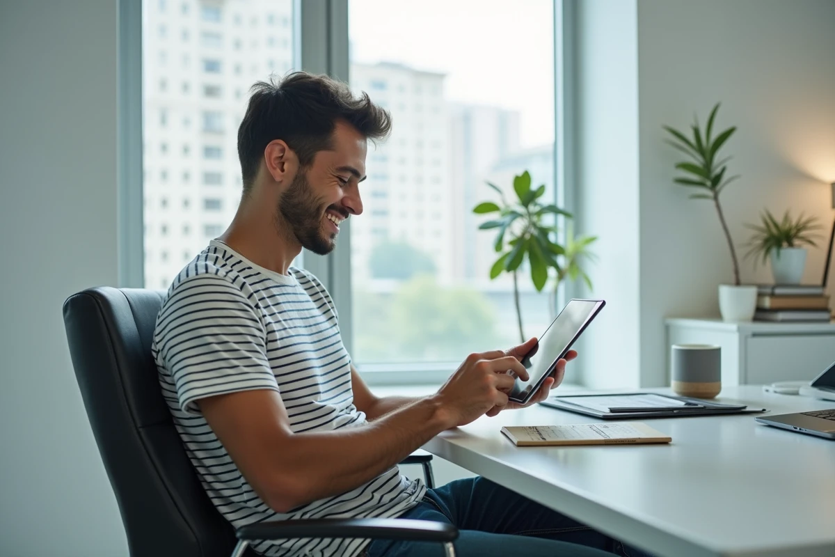 Jeune homme remplissant un formulaire sur une tablette dans un bureau moderne