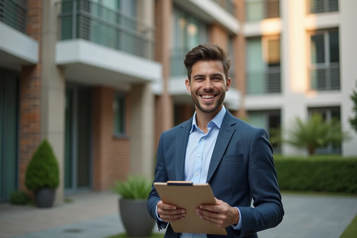 Jeune homme souriant devant un immeuble contemporain