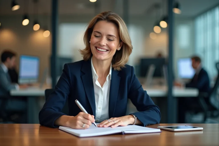 Journaliste française souriante dans un bureau moderne