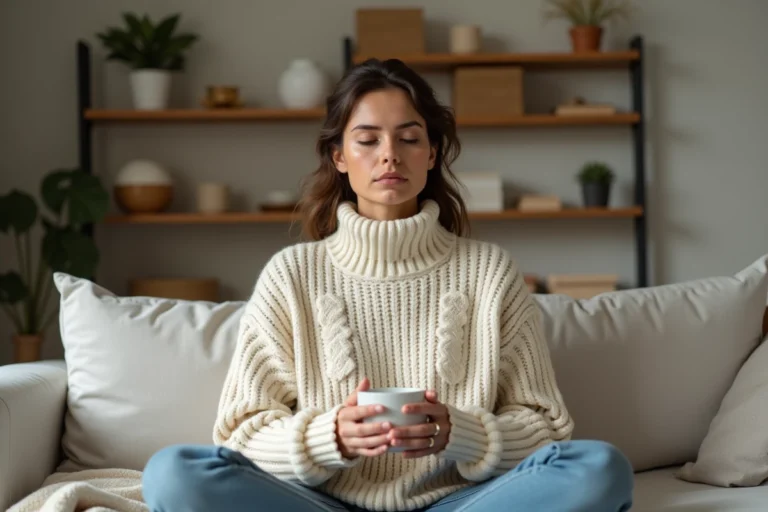 Maman épuisée mais sereine savourant un moment de bien-être seule chez elle avec une tasse de thé