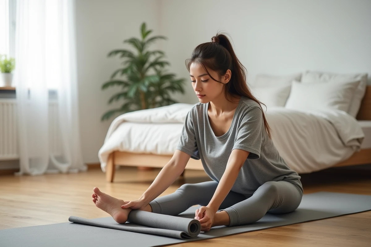 Maman pratiquant le yoga et l'étirement dans sa chambre pour prendre soin de son bien-être physique