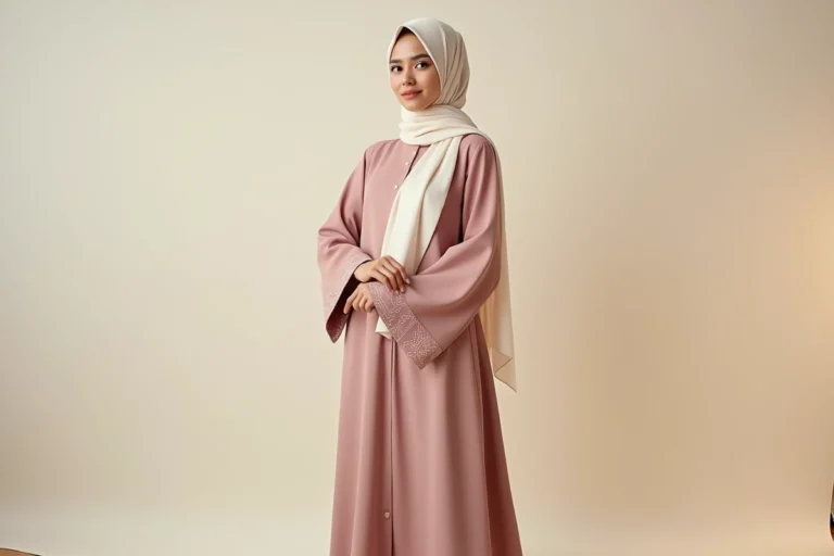 Mannequin femme portant un abaya rose et un hijab ivoire dans un studio photo minimaliste, illustrant le mannequinat modeste en islam