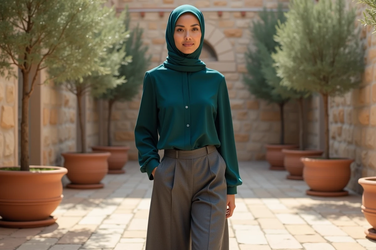 Mannequin portant une tenue modeste structurée en teal et gris dans une cour urbaine en pierre, pour un shooting éditorial mode islamique