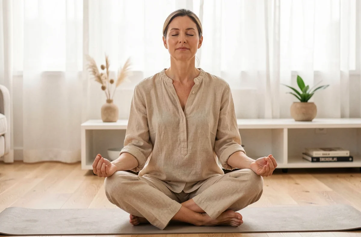 Femme pratiquant la méditation sur un tapis de yoga dans un salon minimaliste pour réduire le stress au quotidien