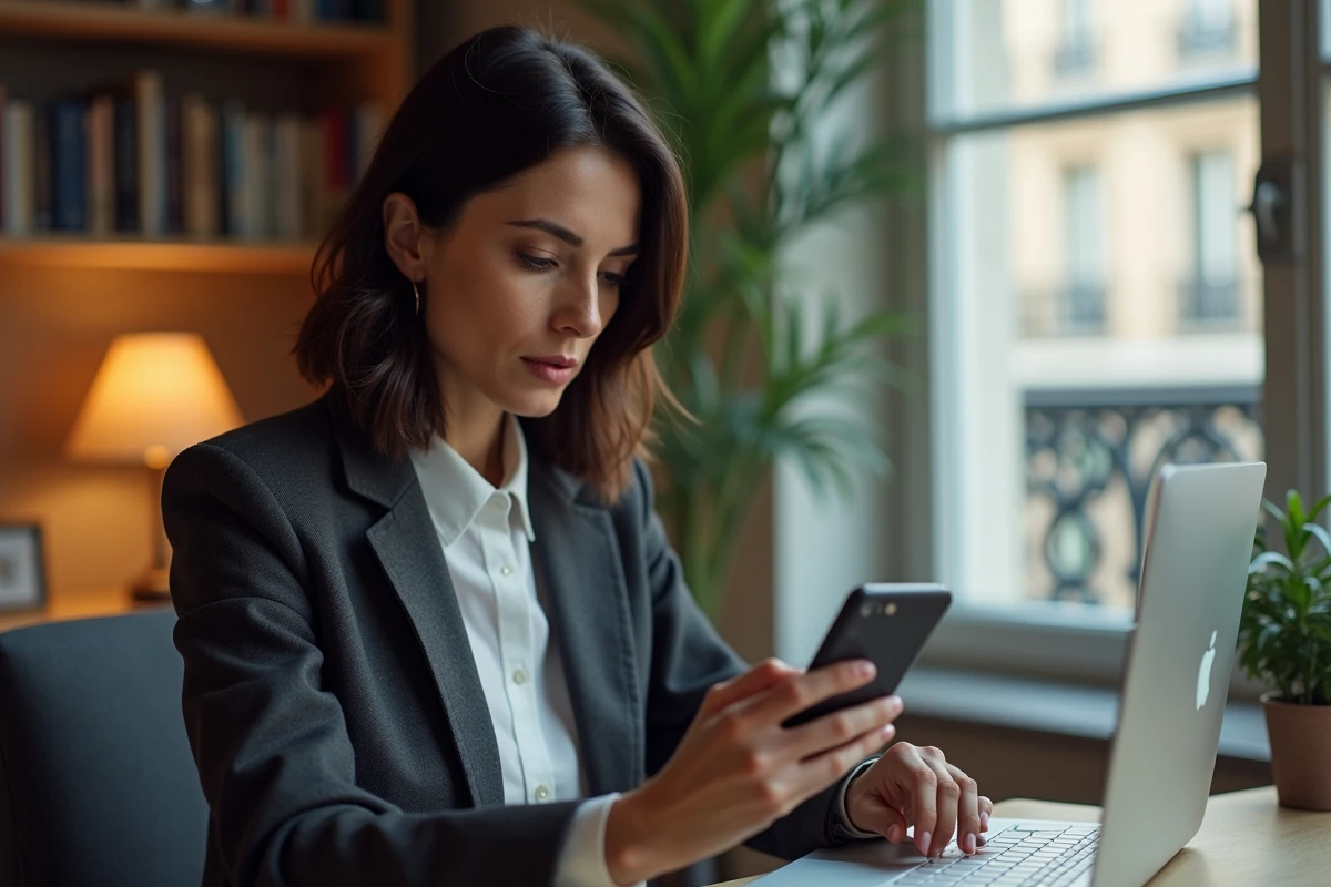 Femme travaillant depuis chez elle résolvant un problème d'authentification sur l'application bancaire Alis BNP Paribas avec smartphone et ordinateur
