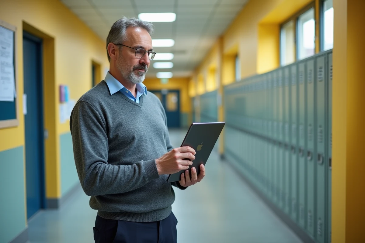 Professeur consultant la messagerie Webcsat 58 sur une tablette dans un couloir d'école de la Nièvre