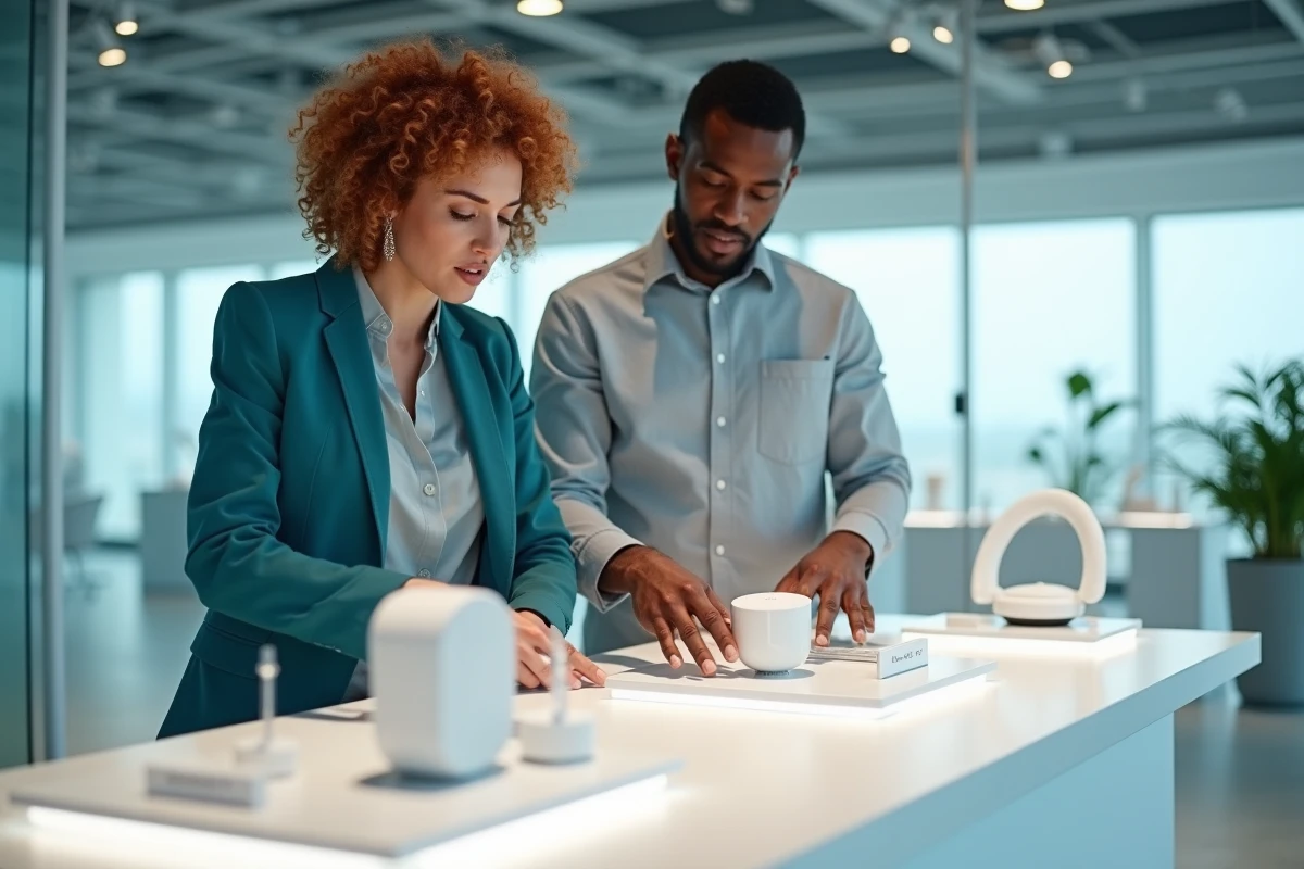 Deux professionnels découvrant des produits innovants lors d'une présentation