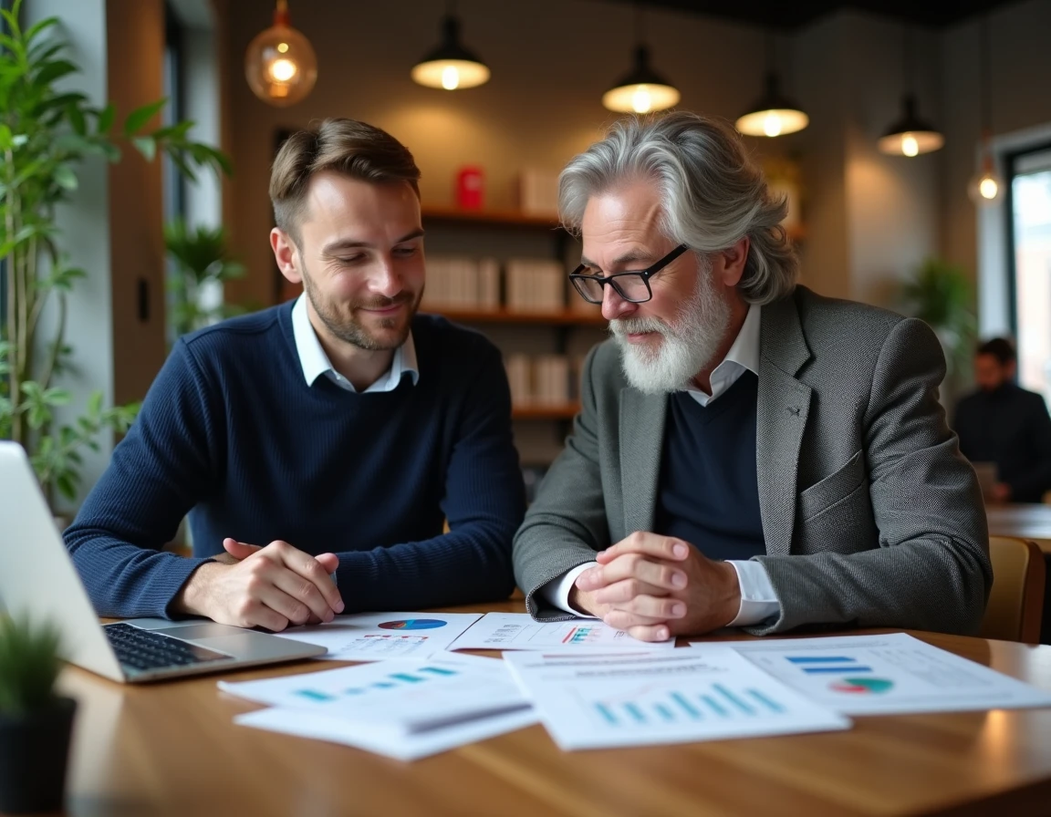 Deux professionnels de la finance collaborant sur des rapports d'investissement et des tableaux boursiers dans un espace de co-working moderne