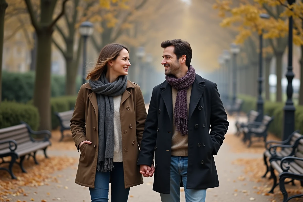 Couple se promenant dans un parc parisien en automne