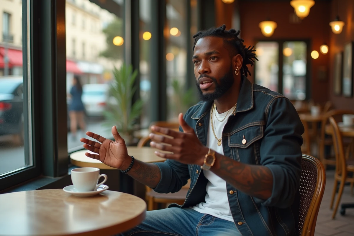 Rappeur assis discutant dans un café parisien