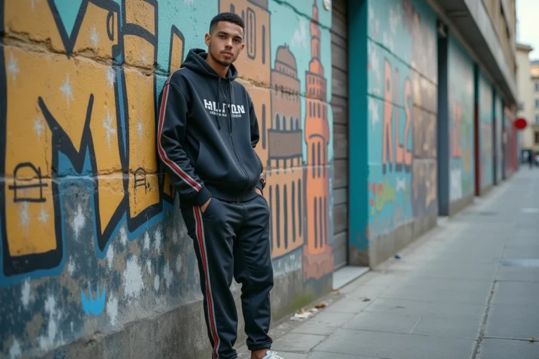 Jeune rappeur français debout devant un mur de ville