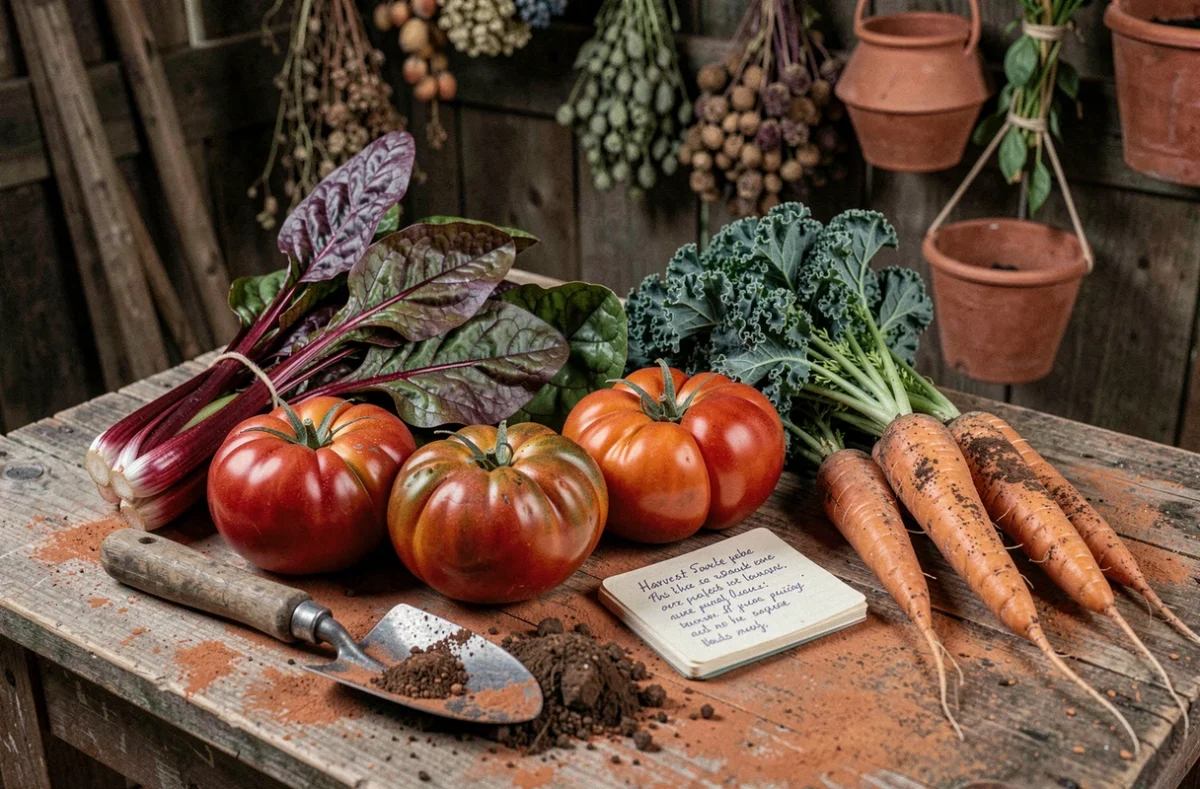 Légumes biologiques fraîchement récoltés posés sur un établi de jardinage en bois, carottes, tomates anciennes et chou kale avec carnet de notes