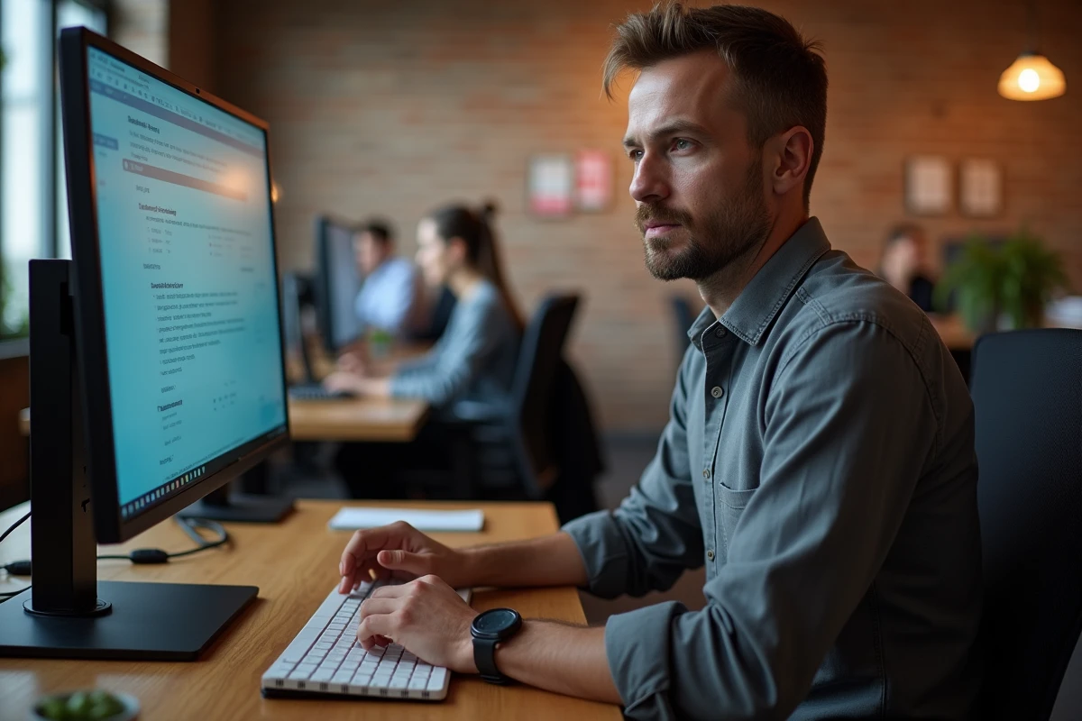 Professionnel en télétravail participant à un entretien d'embauche en visioconférence dans un espace de co-working