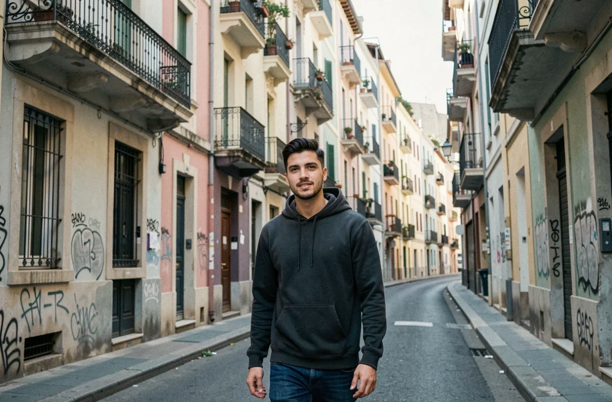 Jeune homme marchant dans une rue résidentielle du quartier Sainte-Marguerite à Marseille