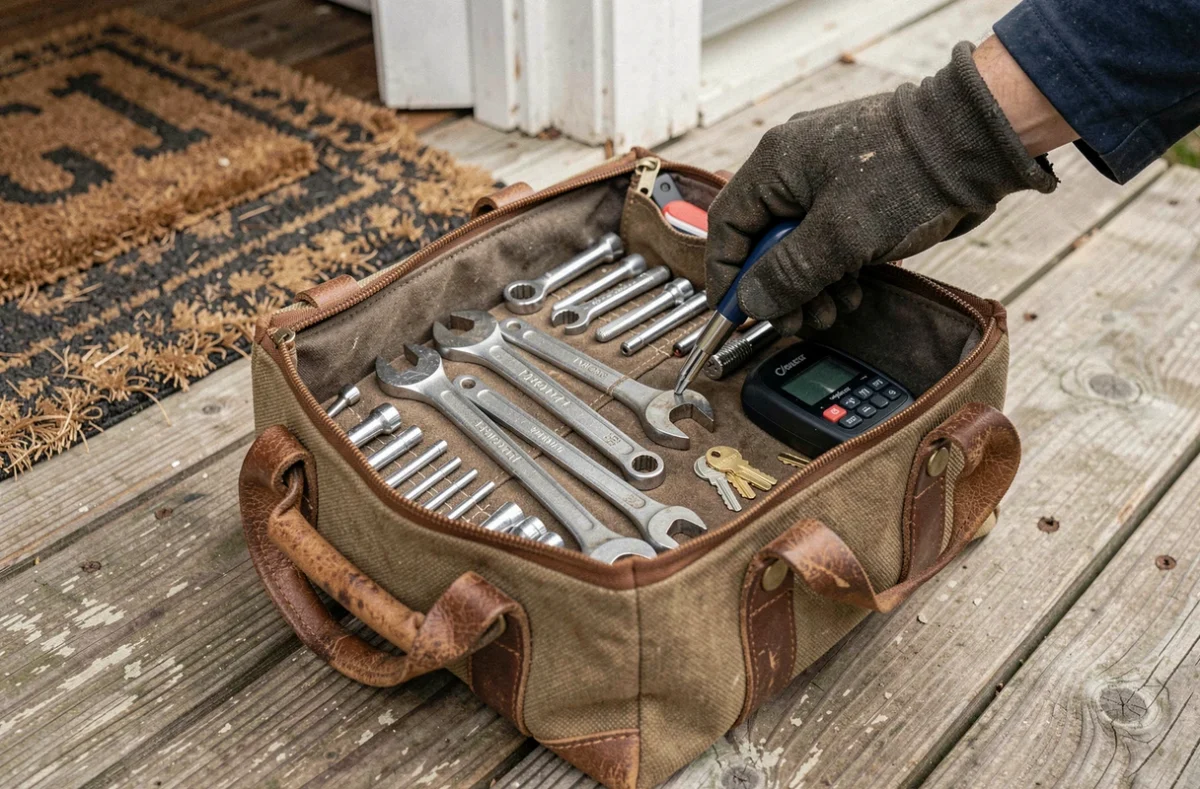 Gros plan sur un sac à outils de serrurier professionnel ouvert sur le pas d'une porte avec outils de crochetage et accessoires de dépannage