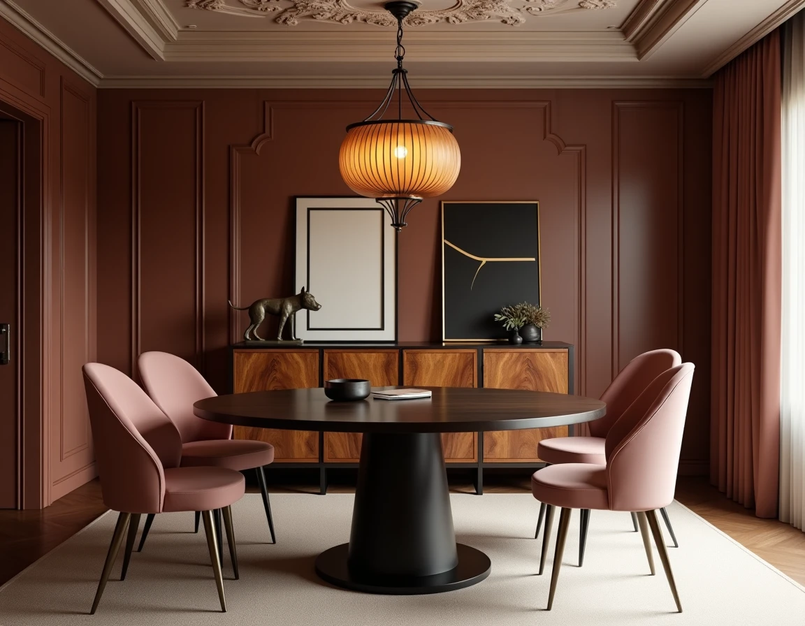 Salle à manger Art Déco avec table en bois ébonisé, chaises en velours rose et suspension en verre ambré géométrique