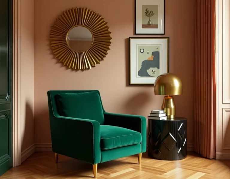 Coin salon Art Déco avec fauteuil en velours vert, table laquée noire et miroir soleil doré sur parquet en point de Hongrie