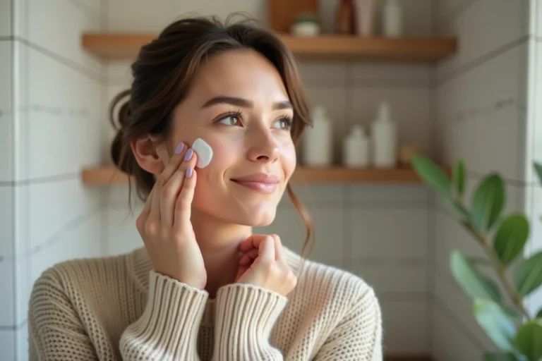 Femme appliquant une creme visage dans une salle de bain chaleureuse