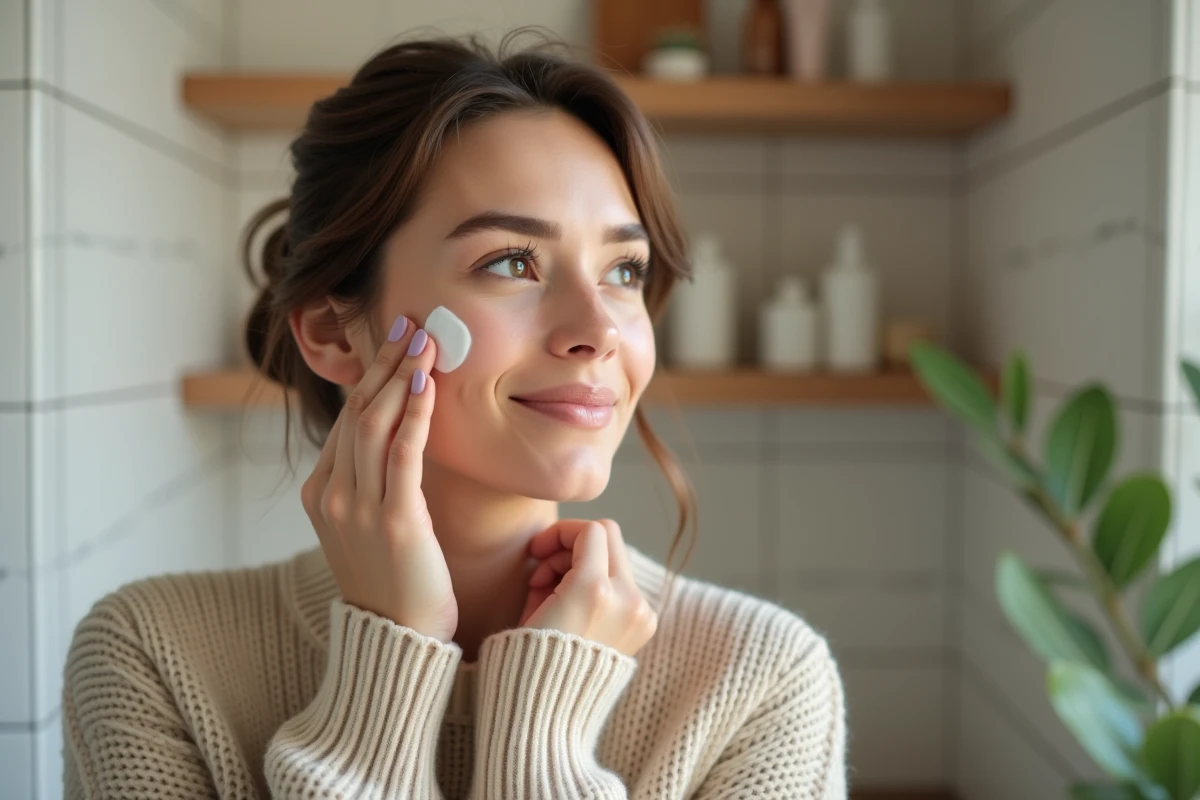 Femme appliquant une creme visage dans une salle de bain chaleureuse