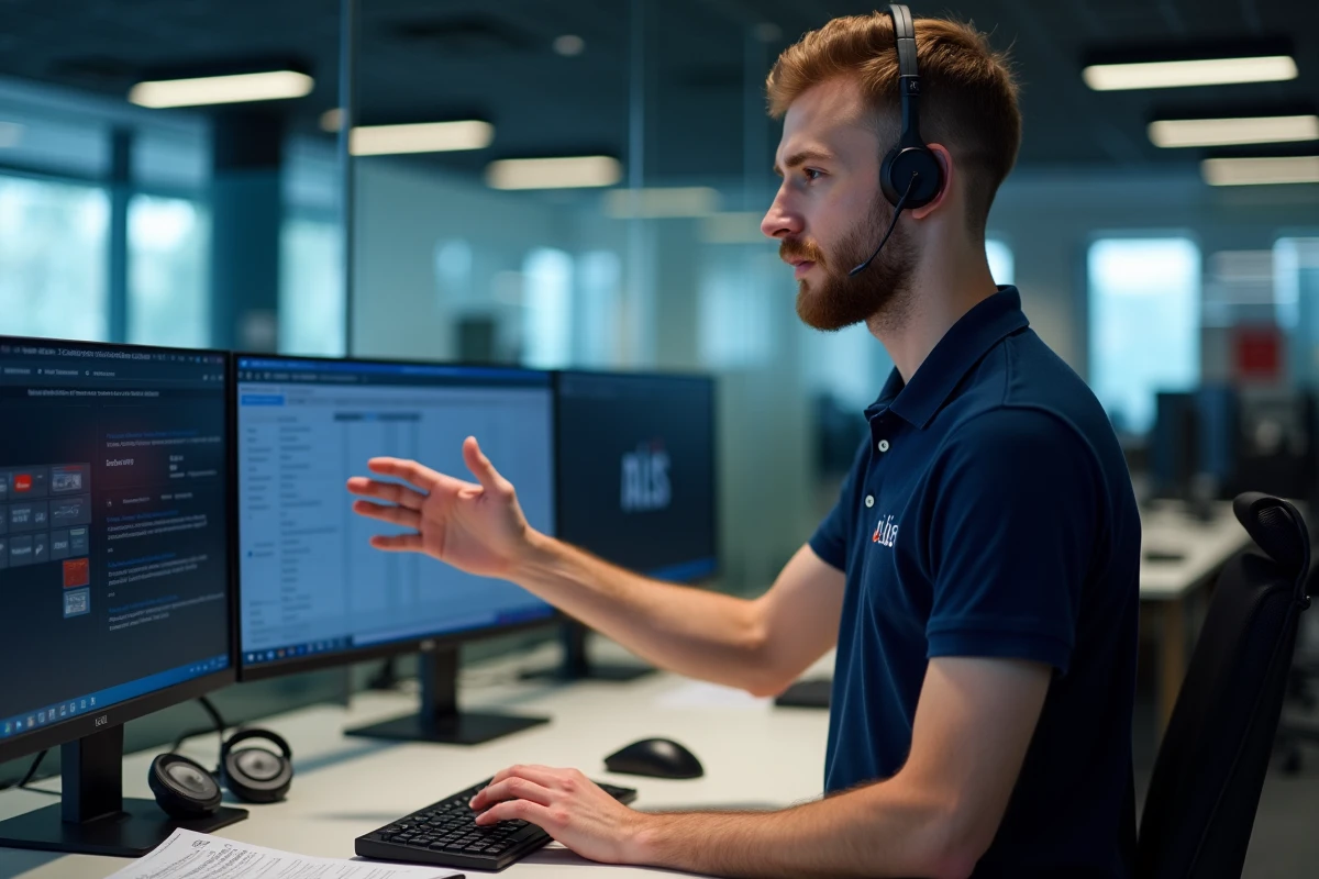 Spécialiste informatique en support technique résolvant les problèmes de connexion Alis BNP Paribas sur un poste de travail à double écran dans une agence bancaire