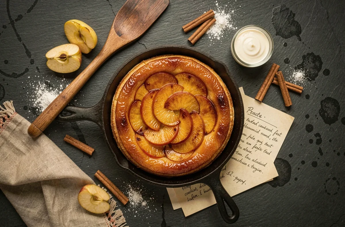 Vue aérienne d'une tarte tatin dorée dans une poêle en fonte entourée d'ingrédients rustiques sur une surface en ardoise sombre