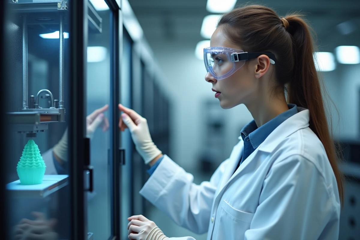 Technicienne contrôle une imprimante 3D en laboratoire