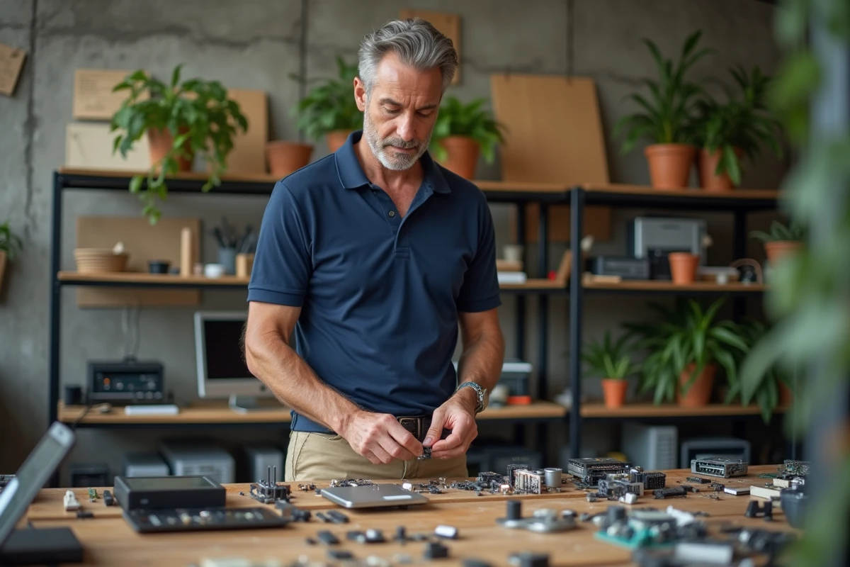 Technicien travaillant sur des composants électroniques recyclés dans un laboratoire d'innovation écologique urbain