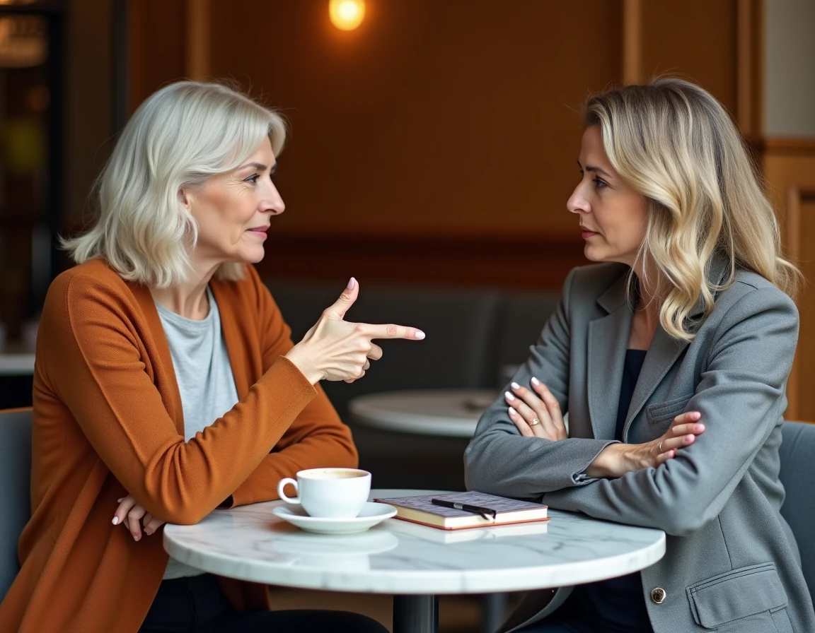 Deux anciennes distributrices Chogan échangeant leurs avis dans un café