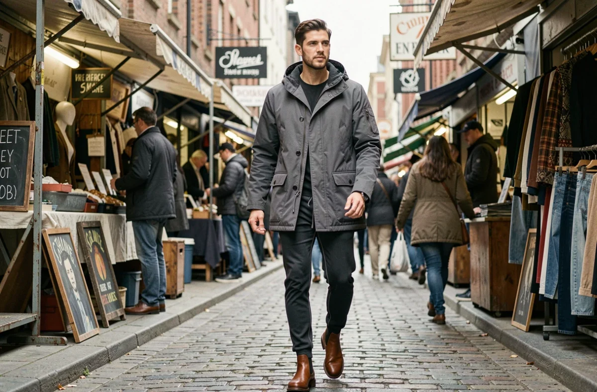 Homme en parka grise marchant dans un marché vintage urbain animé, incarnant le style streetwear tendance de la saison