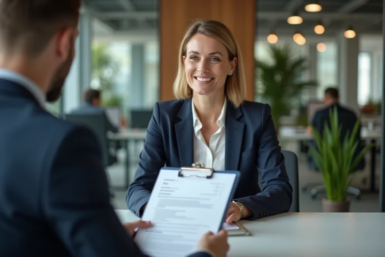 Recruteuse professionnelle en blazer marine passant en revue un CV lors d'un entretien d'embauche dans un bureau moderne
