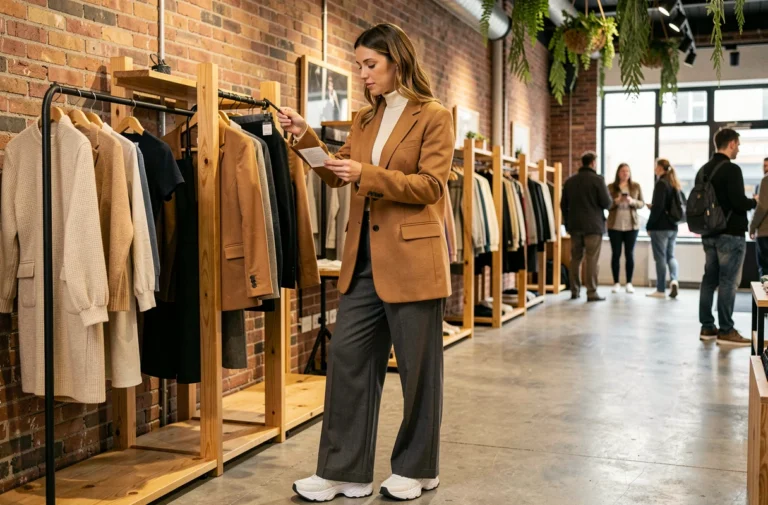 Femme stylée en blazer camel parcourant les rayons d'une boutique de mode urbaine tendance avec décor en briques apparentes