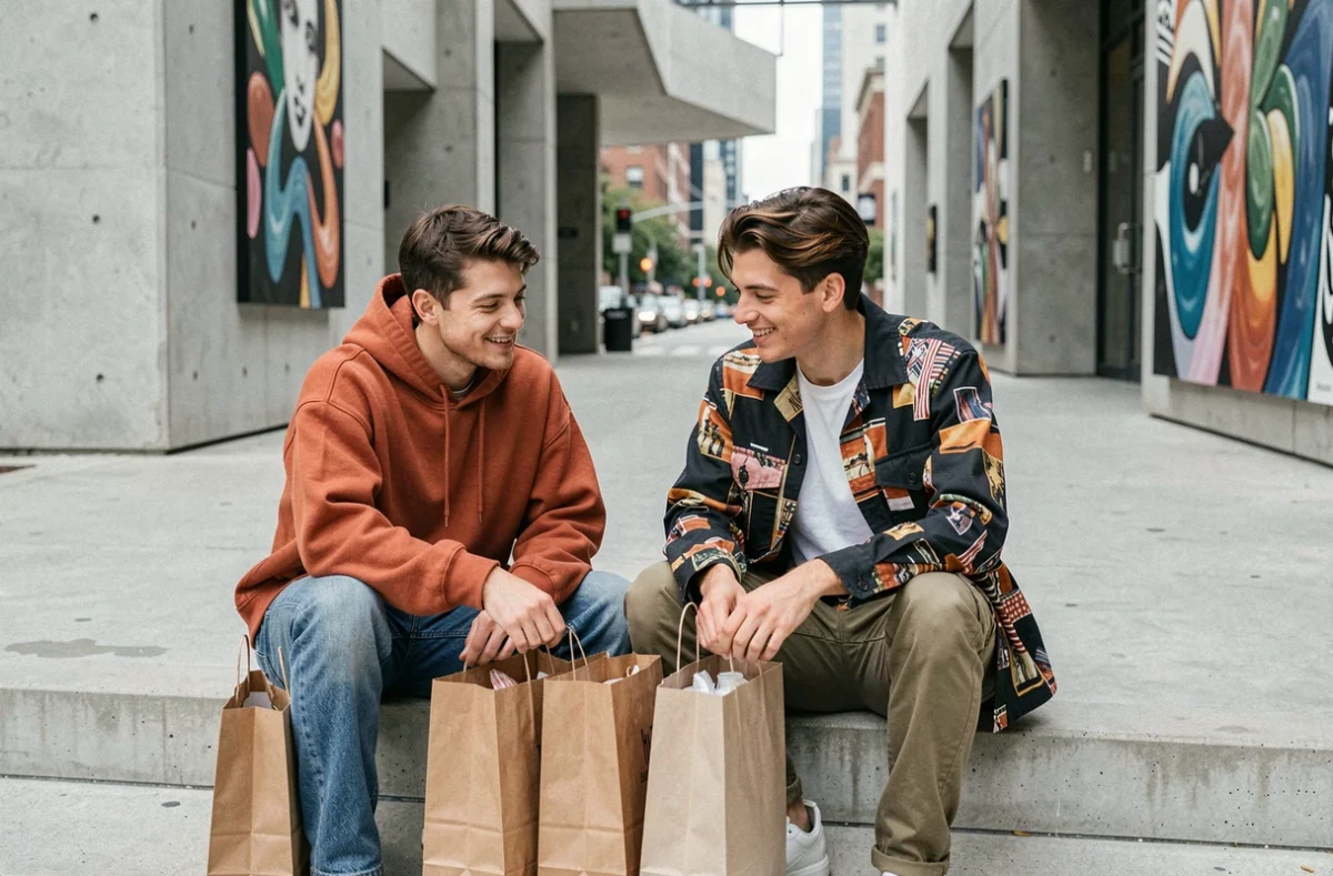 Deux amis aux styles urbains tendance assis sur des marches en béton devant une galerie moderne, découvrant leurs achats mode de la saison
